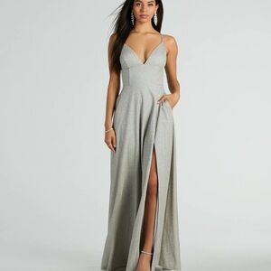 Windsor Silver Lace Up A-Line Glitter Formal Dress